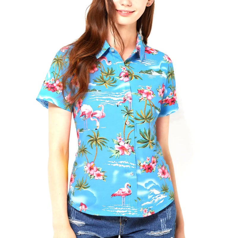 SSLR Hawaiian Shirts for Women Flamingo Shirt Tropical Shirts for Women Summer Casual Short Sleeve (Large, Blue) - Image 1
